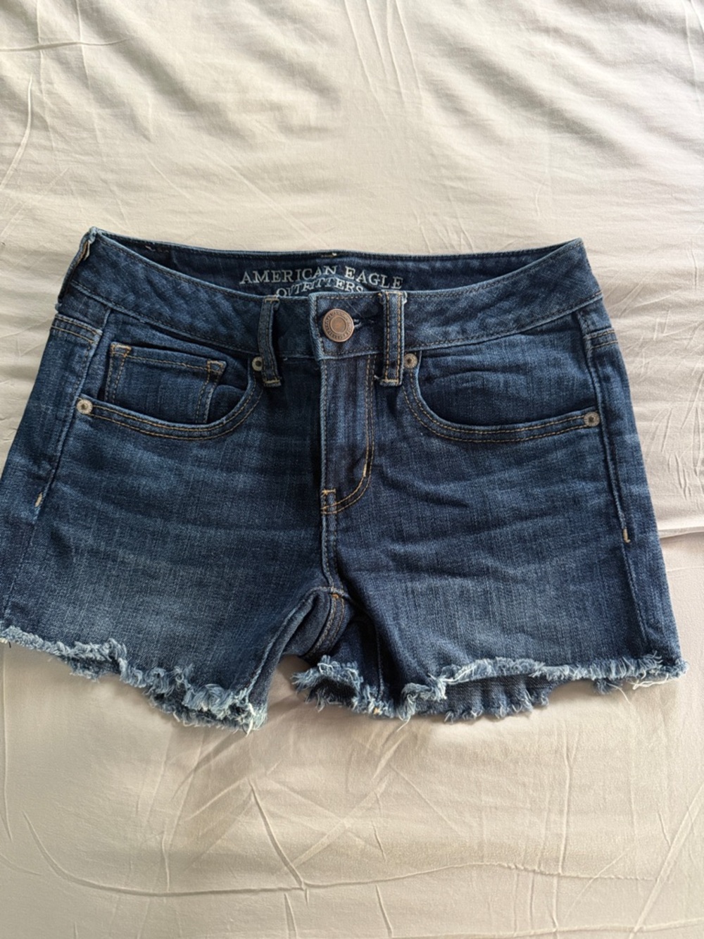 American Eagle Outfitters Dark Blue Denim Frayed Hem Shorts